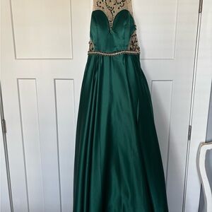 JJs House Emerald Green Strapless Satin Ball Gown with Beaded Illusion Bodice